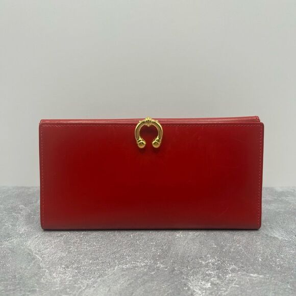 GUCCI Horseshoe Red Long Bifold Wallet Gold Metal Credit Card Luxury - Picture 1 of 14